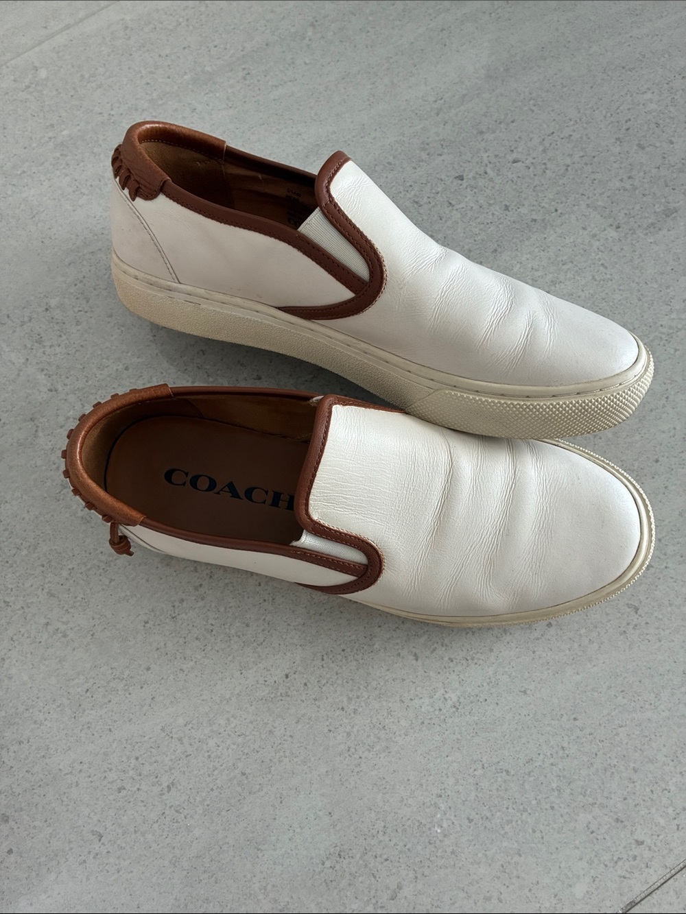 Coach White Leather Slip-On Sneakers with Brown Trim